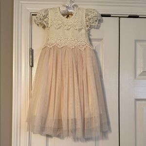 Charming Lace Kids Dress in Cream and Tan